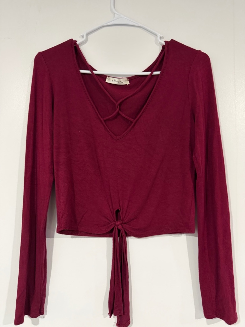 gaze Berry Tie-Front Long-Sleeve V-Neck Top